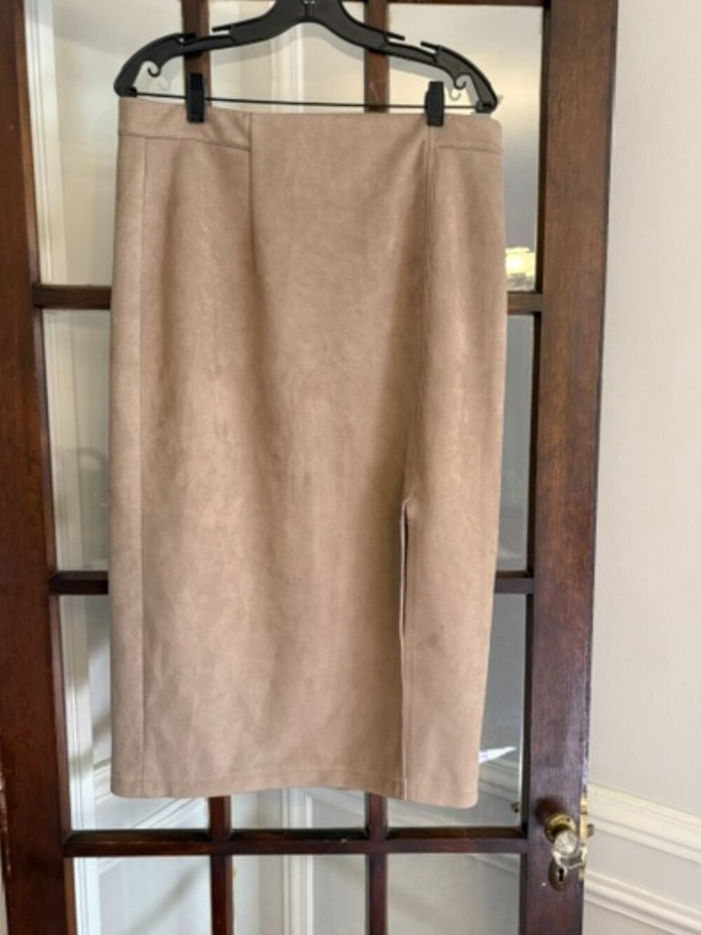Zara Tan Faux Suede Midi Skirt with Slit, Size XL